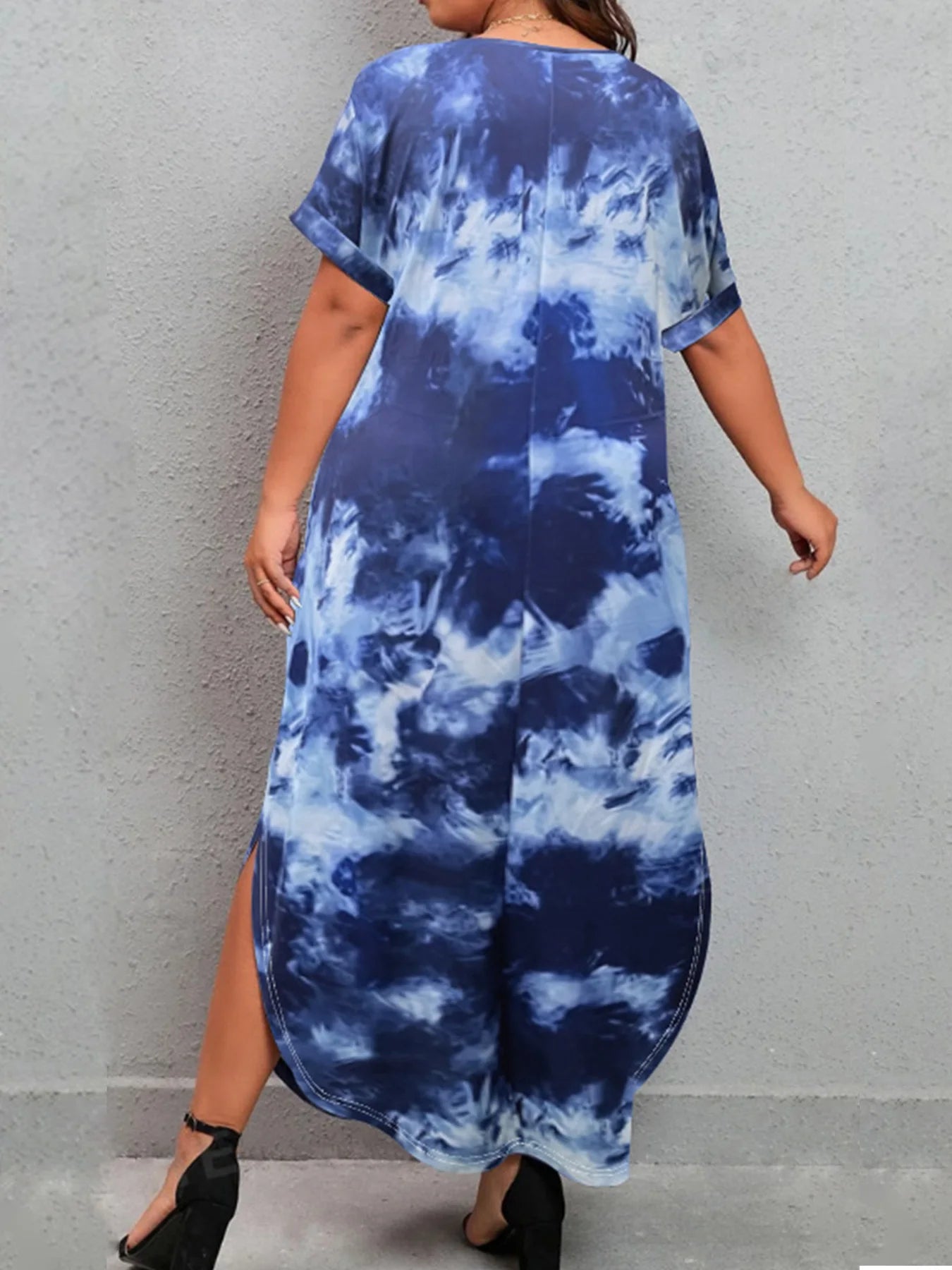 New European and American casual tie-dye V-neck loose plus size women's short-sleeved dress