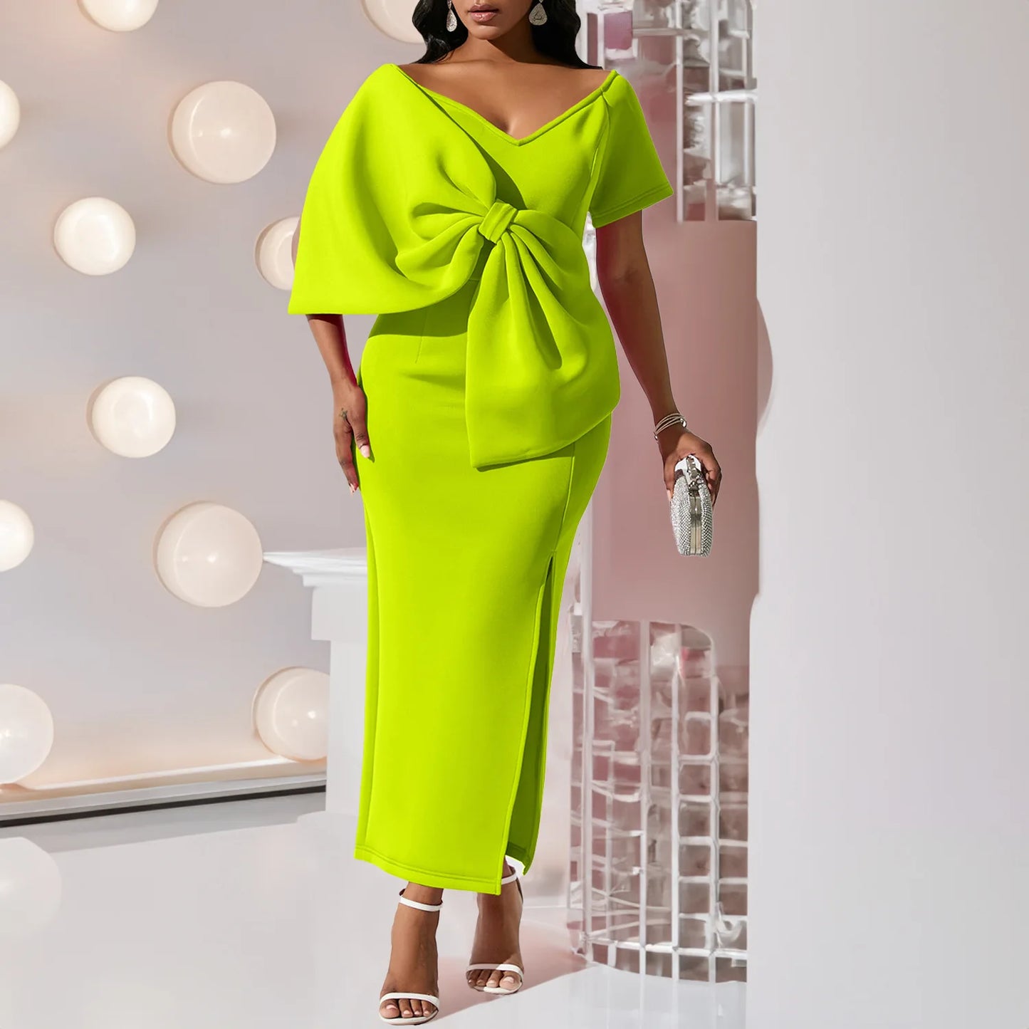 FairyShely 2025 Summer Bow Short Sleeve Plus Size Club Dress Women Solid Large Big Dresses Lady Slim Party Tight Curvy Dress