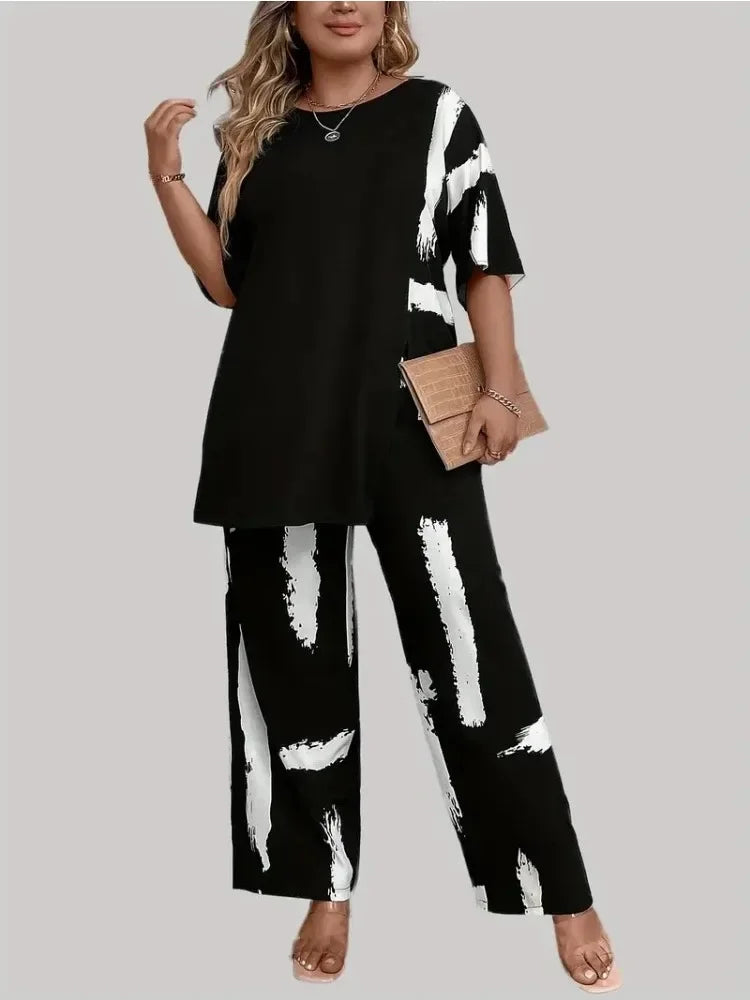 Plus Size Womens Brush Print Elegance  Short Sleeve Round Neck Split Top & Matching Pants 2 Piece Outfit Set