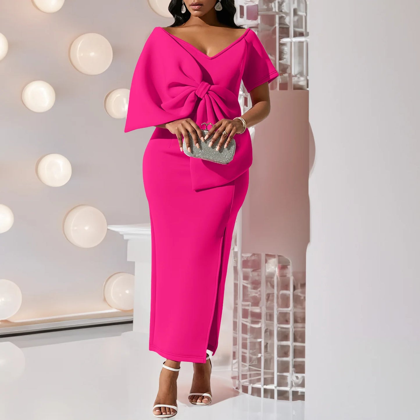 FairyShely 2025 Summer Bow Short Sleeve Plus Size Club Dress Women Solid Large Big Dresses Lady Slim Party Tight Curvy Dress