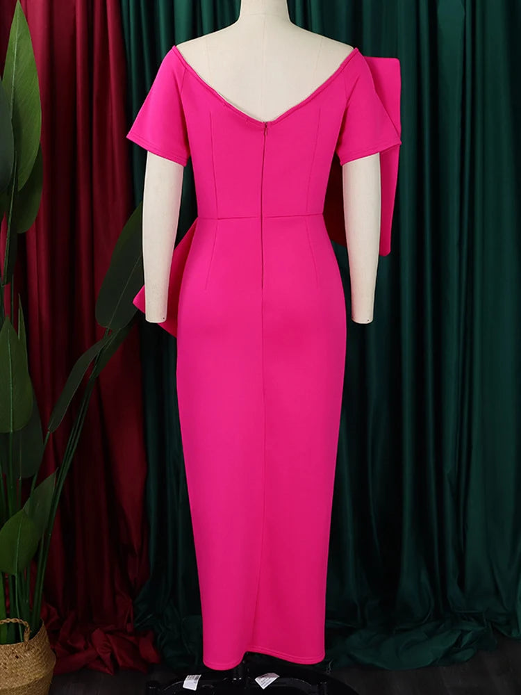 FairyShely 2025 Summer Bow Short Sleeve Plus Size Club Dress Women Solid Large Big Dresses Lady Slim Party Tight Curvy Dress