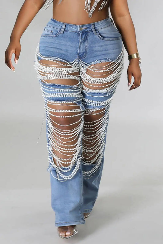 Hollow Out Pearl Jeans Plus Size Sexy Wide Leg Denim Pant Trousers High Quality Pockets Casual Streetwear Jeans for Women 2025